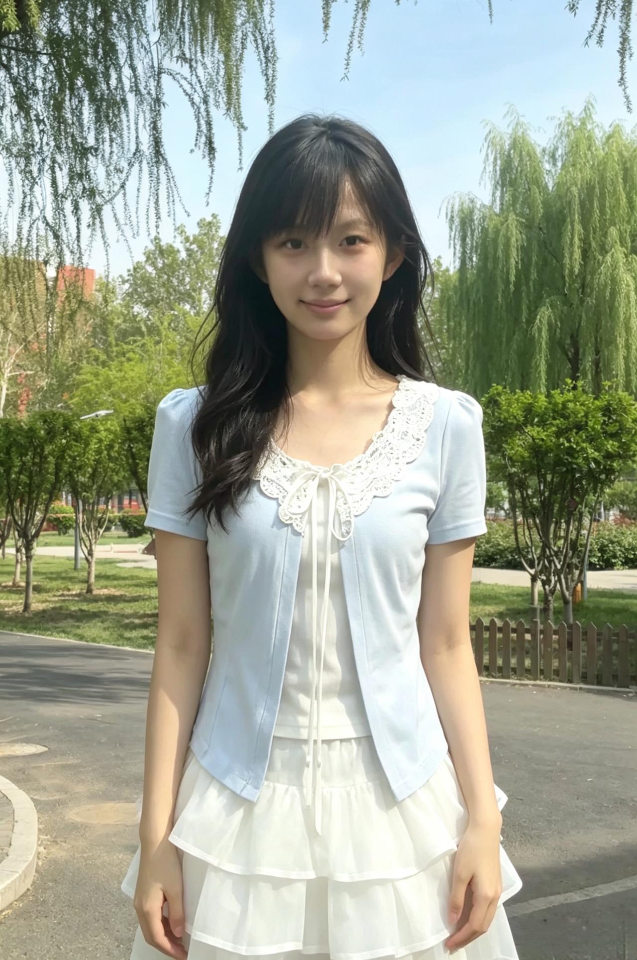 素衣浅袂衬柔容，漫步庭前柳色浓。
万种清灵藏眼底，青春眉眼恁从容。