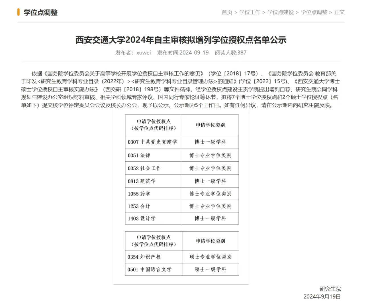 985西安交大24年自主审核博士点名单