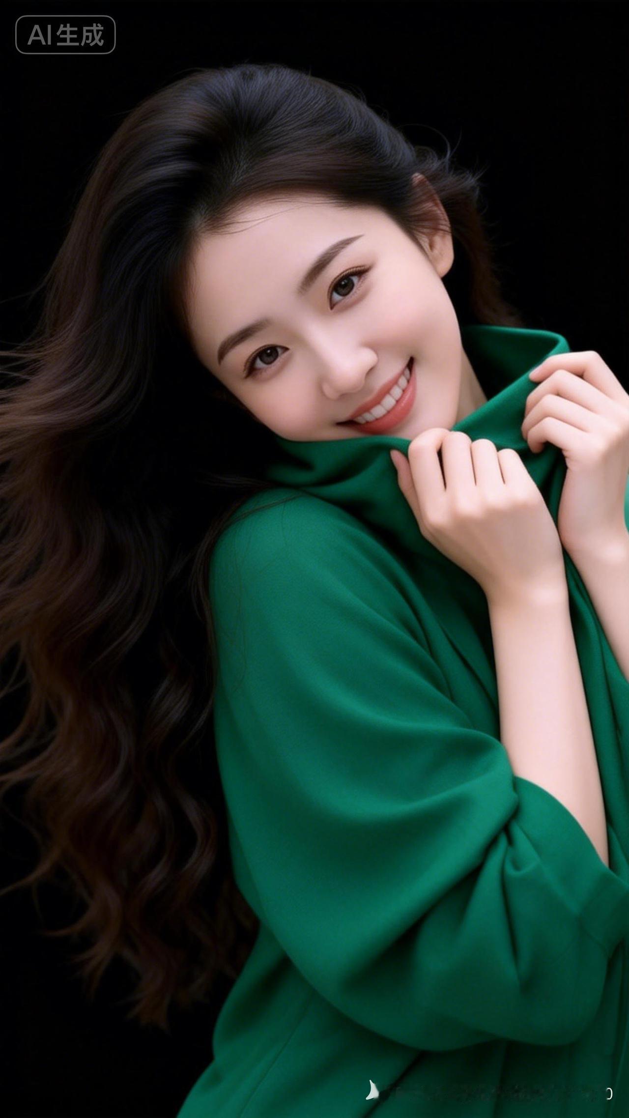 绝色佳人，肤若凝脂，唇红齿白，眉眼含情。一头微卷长发飘逸灵动，身着绿色大领衣衫，