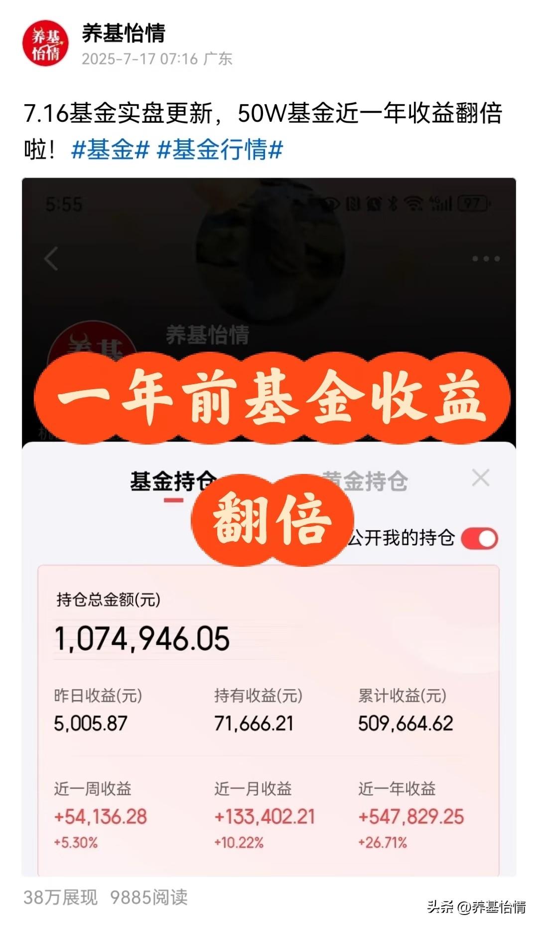 一年前，50W基金实盘，累计收益50W;
一年后，100W基金实盘，累积收益10