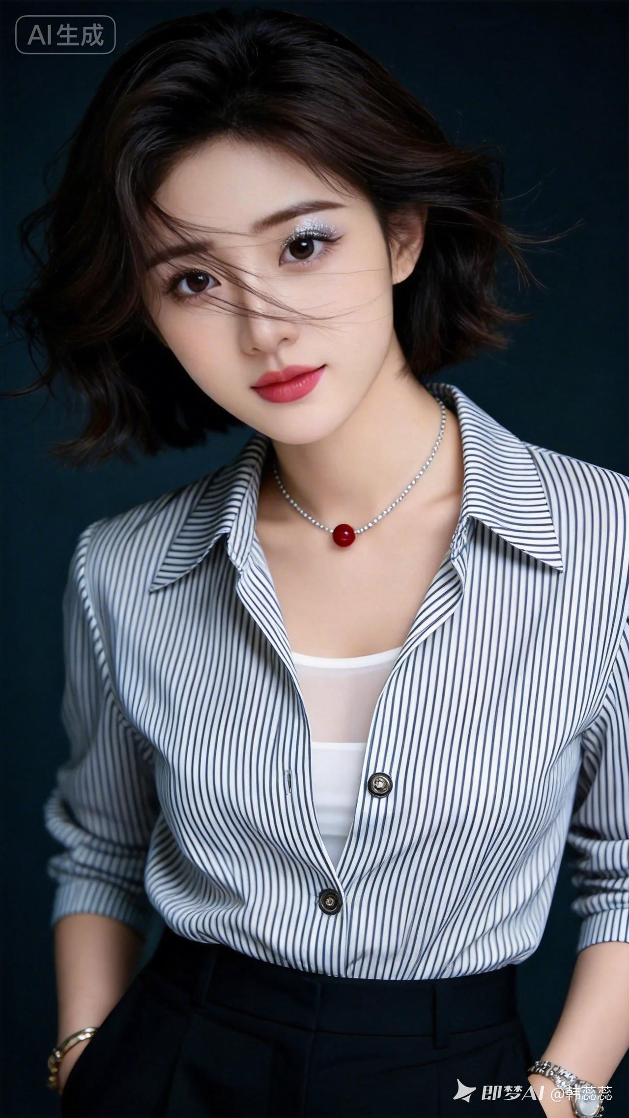 极美女人棕黑色齐耳短发微卷，发丝凌乱轻拂脸颊。大眼双眼皮，高鼻梁精致立体，条纹衬