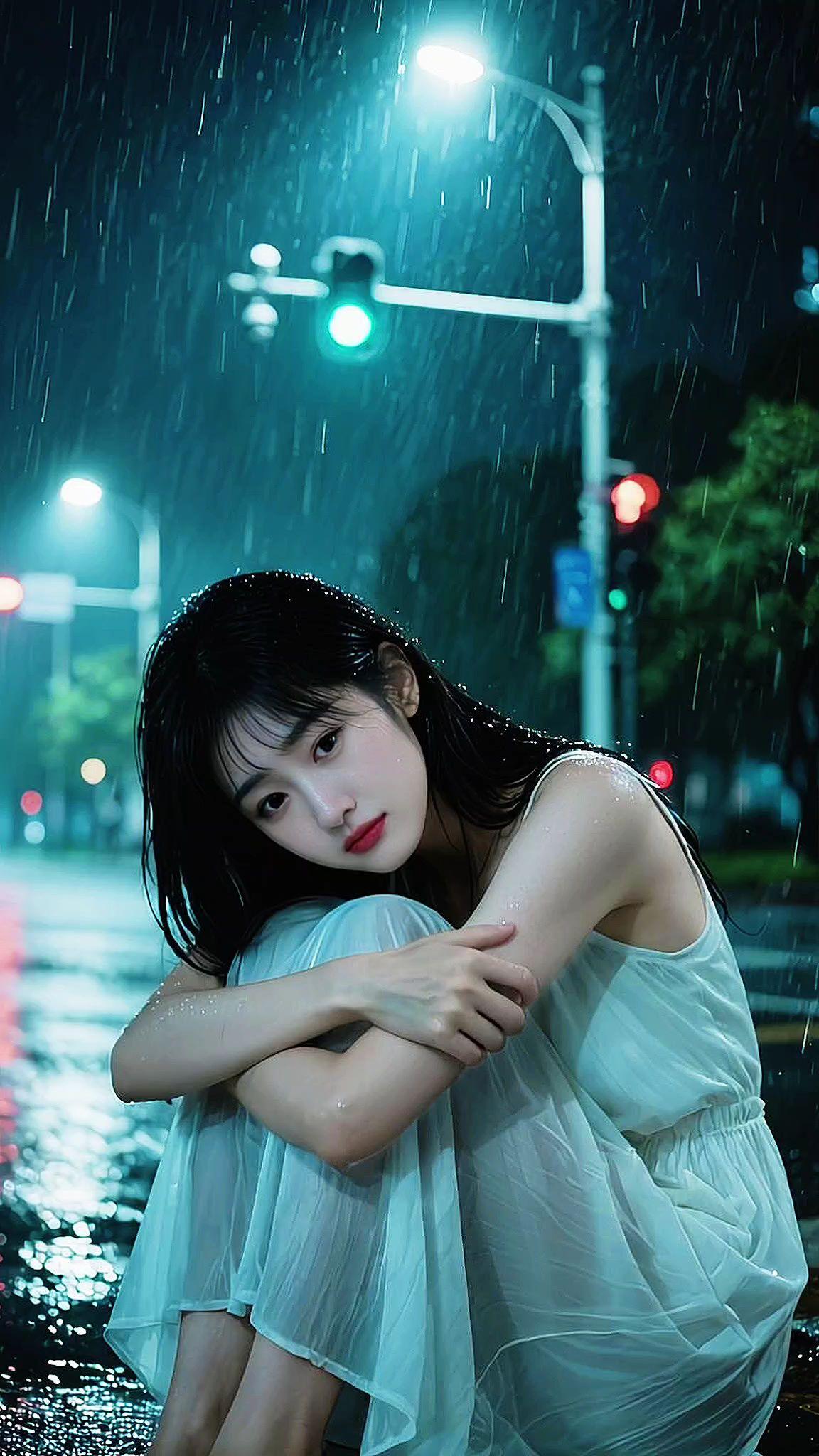 AI雨夜情绪照 抖音ai创作 雨天氛围感 淋一场雨 破碎感