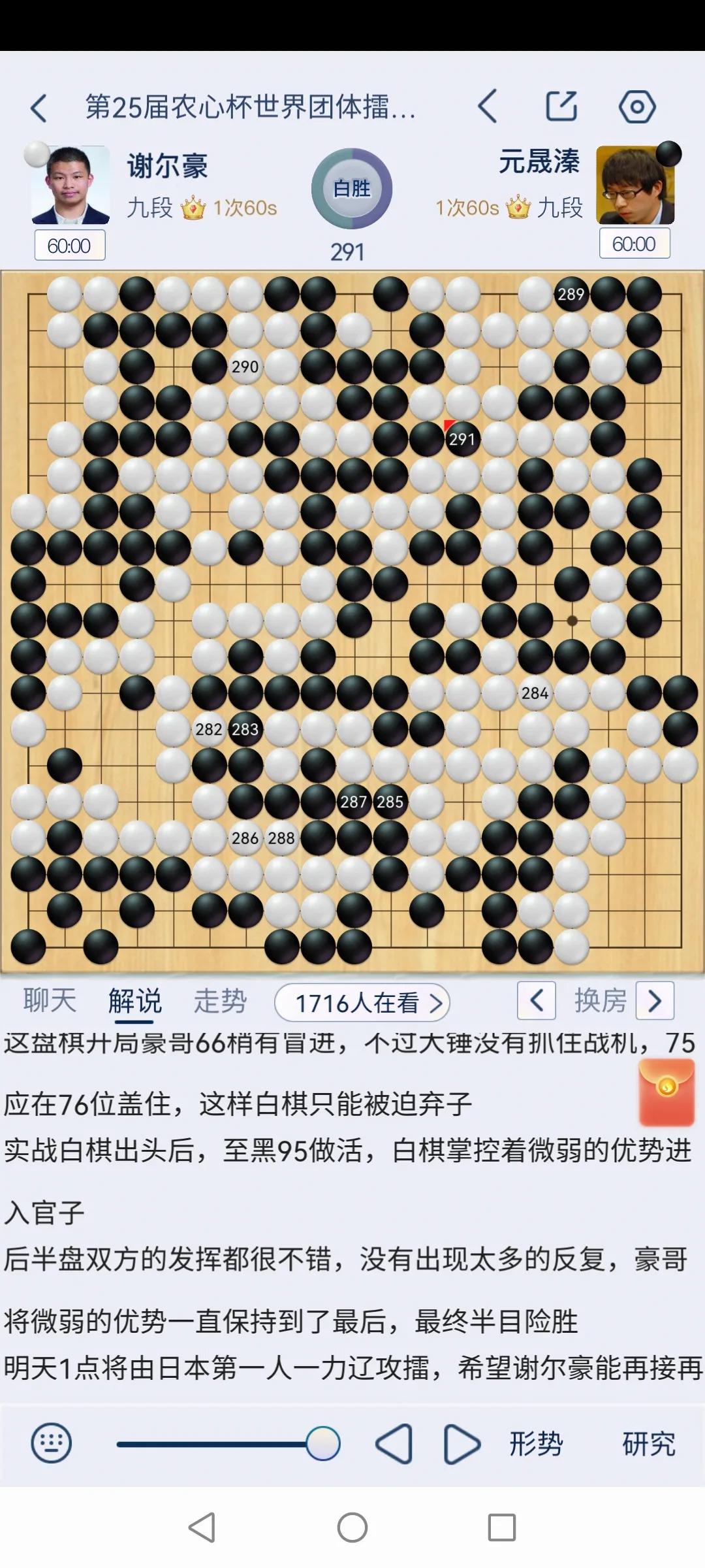 第25届农心杯三国围棋擂台赛第二阶段第一局，元晟溱负谢尔豪。
豪哥最近忙得很啊，