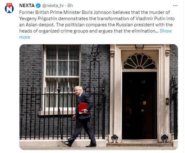 英国前首相鲍里斯·约翰逊认为，瓦格纳头目普里戈任被杀标志着普京向暴君的转变。这位