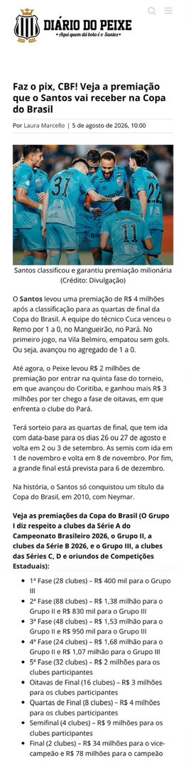 DIÁRIO DO PEIXE：桑托斯队在晋级巴西杯四分之一决赛后，获得了400