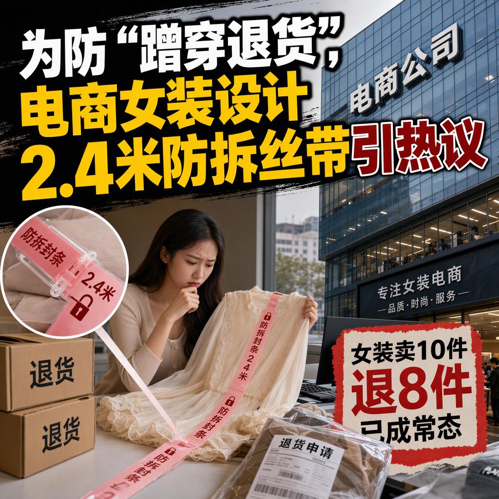 一条2.4米的白丝带，缝在女装领口，写着"拆除不退不换"。
商家不是在玩设计，是