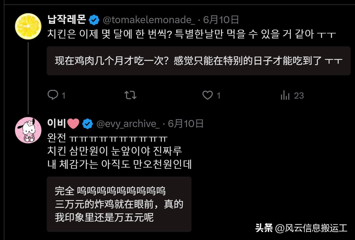 韩国网民发帖吐槽：“现在鸡肉几个月才吃一次？感觉只能在特别的日子才能吃到了 ㅜㅜ