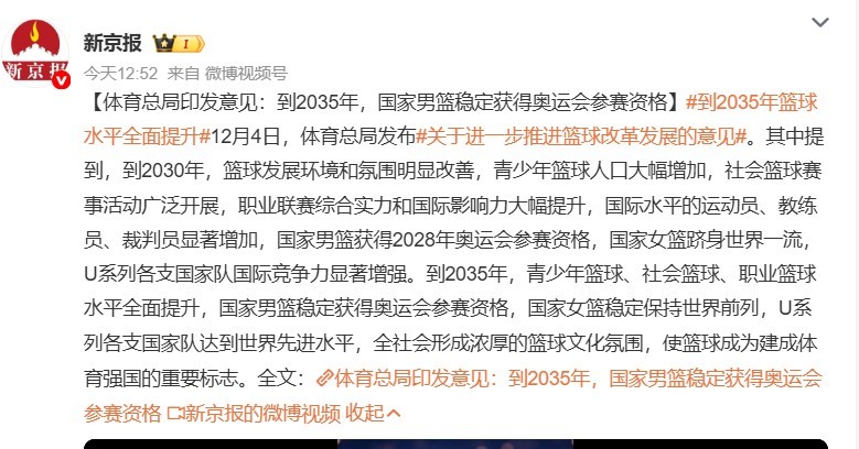 到2035国家男篮稳定获奥运会参赛资格 如此誓言旦旦，到时不能达成目标怎么办？制