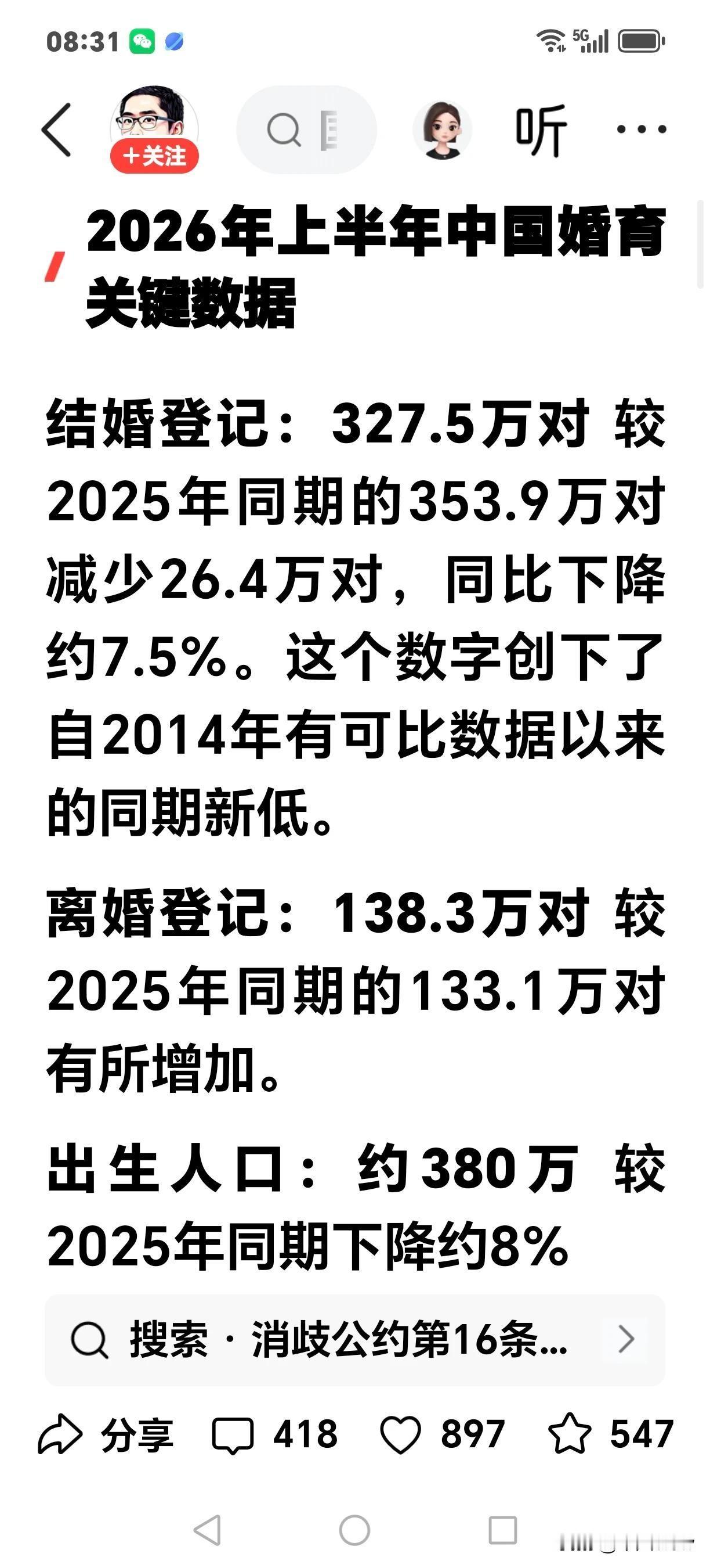 2026年上半年全国登记结婚和登记离婚的数据是不是很可怕？

我们是一个14亿人