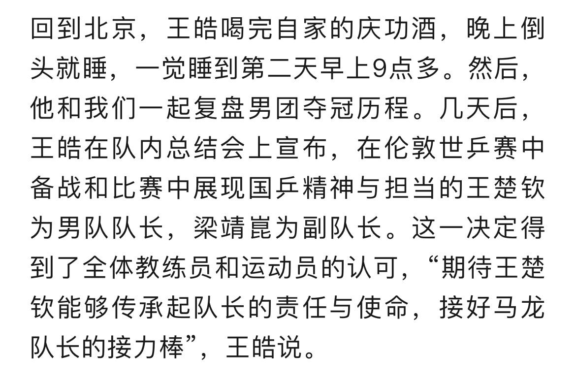 王楚钦国乒男队队长“王皓在队内总结会上宣布，在伦敦世乒赛中备战和比赛中展现国乒精