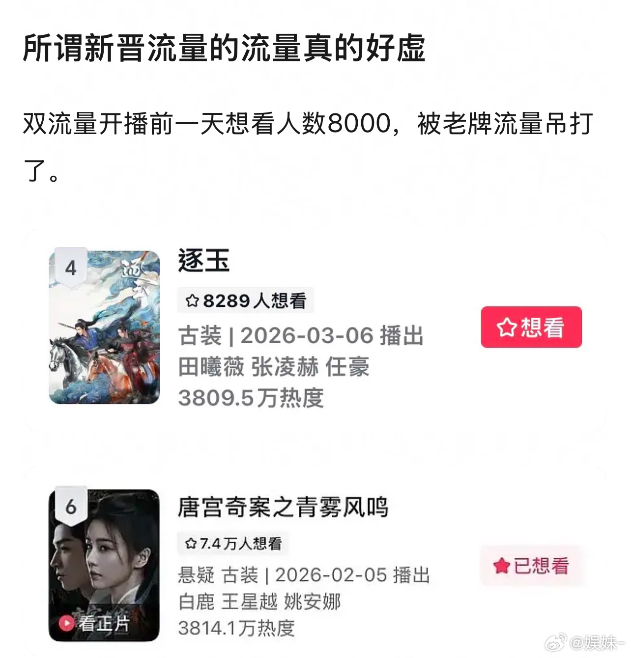 唐宫可没有那么好的待遇，和双平台联播剧比吧😄 