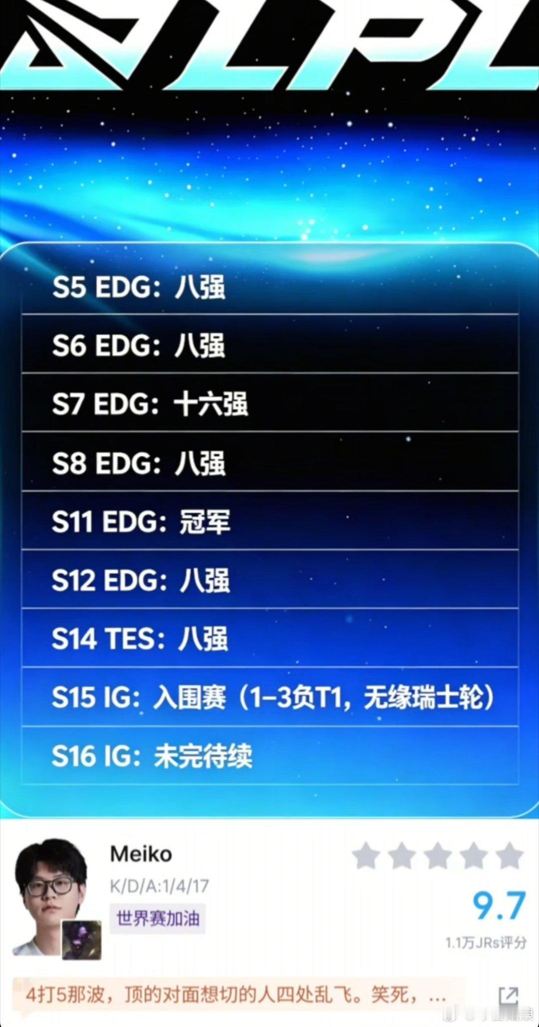 Meiko第九次打入S赛Meiko第九次打入S赛，独占LPL头名s16资格赛英雄