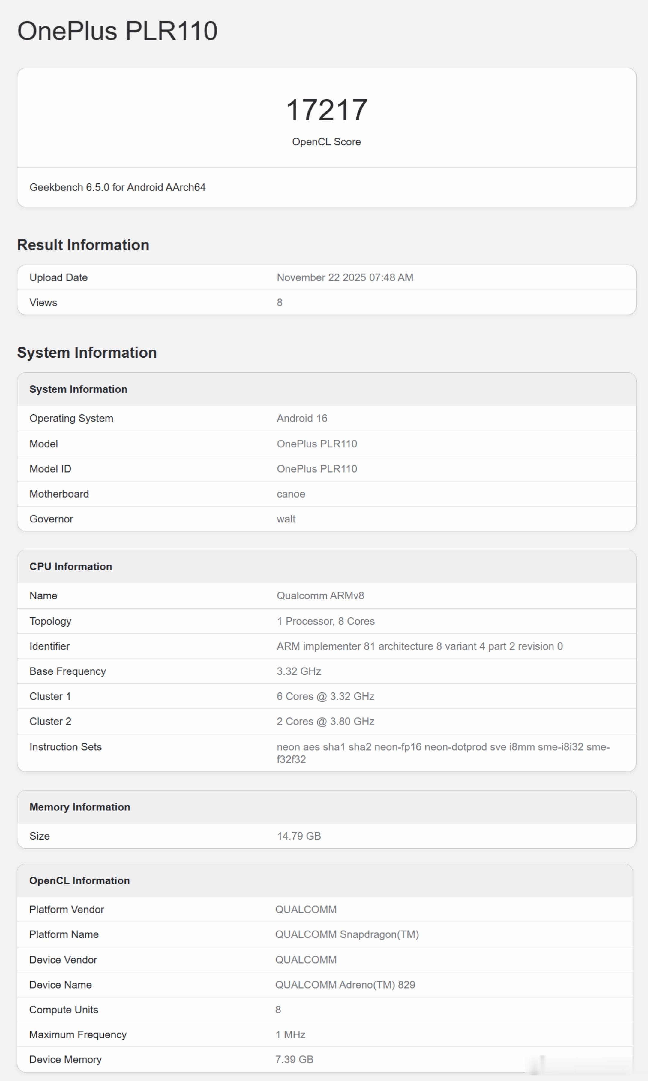 今天GB出现了骁龙8 Gen5的GPU分数，还是命名Adreno 829。下周1