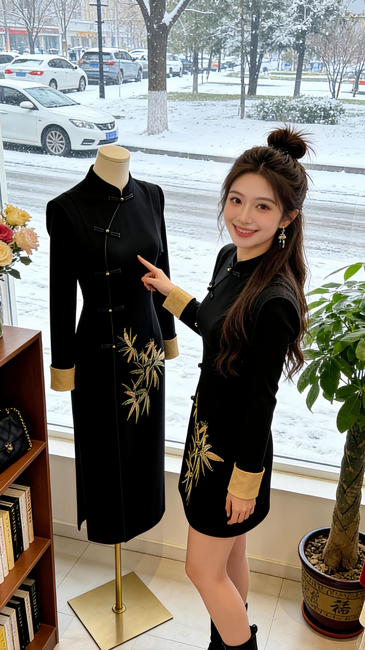 Danny在飘雪的服装店里一眼看中这件新中式旗袍，黑金竹纹刺绣透着古韵，收腰剪裁