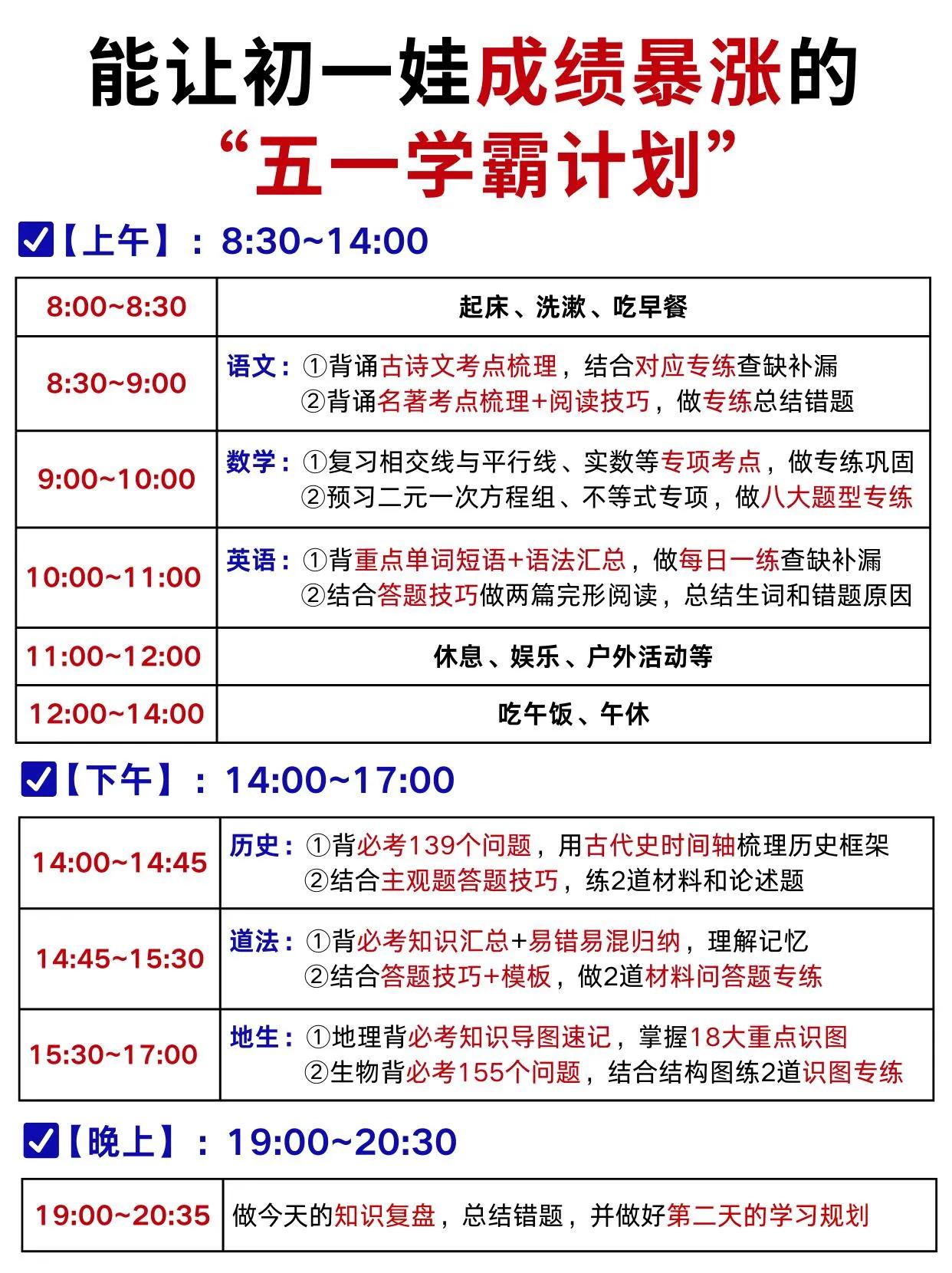 这才是能让初一学生成绩飞涨的五一学习计划