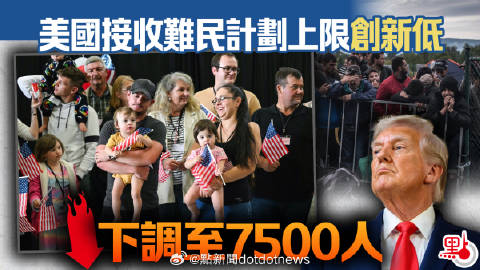 【美国接收难民计划上限创新低　下调至7500人】<br />美国政府宣...