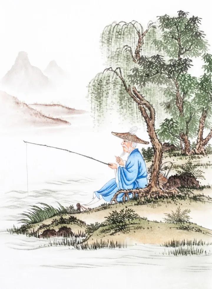 红日升起艳阳天，
白发老翁坐江边，
全神贯注鱼儿钓，
………请友续句………？
[