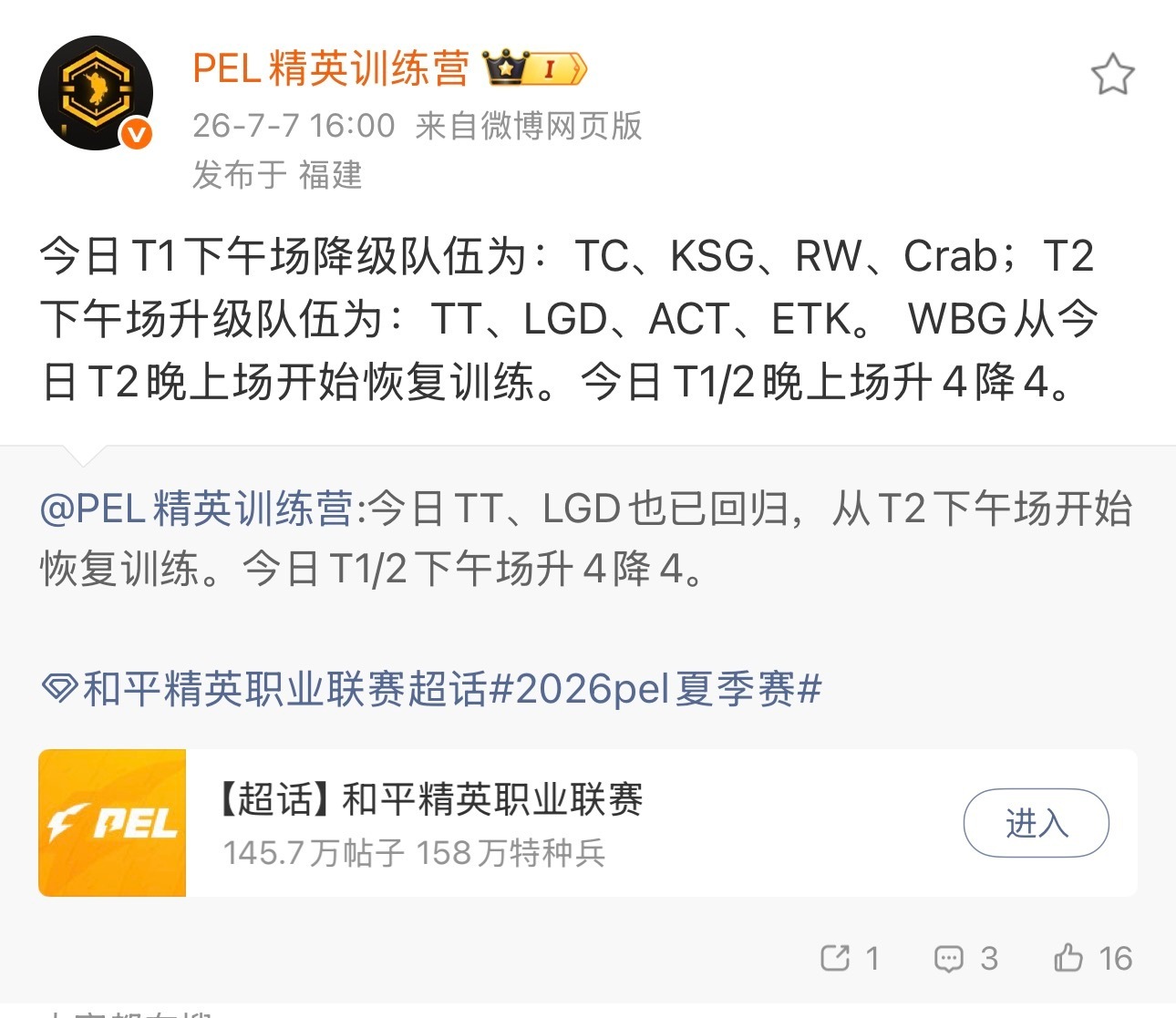 下午场升降级落定：TC、KSG、RW、Crab降至T2；TT、LGD、ACT、E