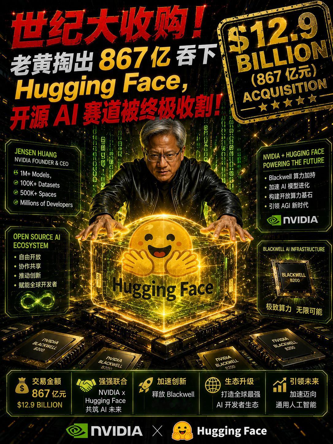 Hugging Face最终129亿美元卖身黄仁勋PS 估值高达 80 倍！老黄