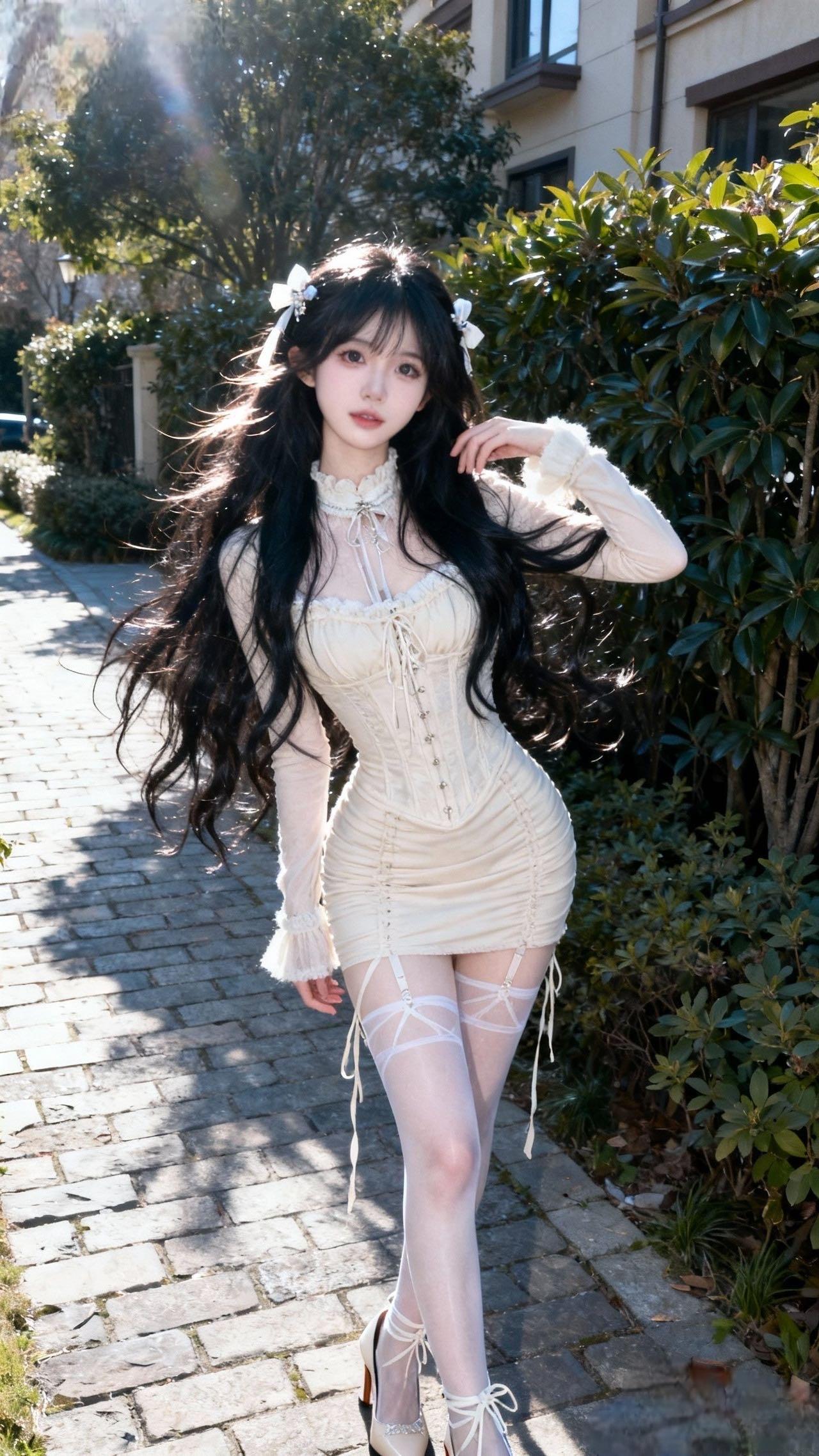 今天出门的时候阳光刚好落在发梢上~穿了这条奶fufu的蕾丝束腰裙，半透的纱袖和蝴