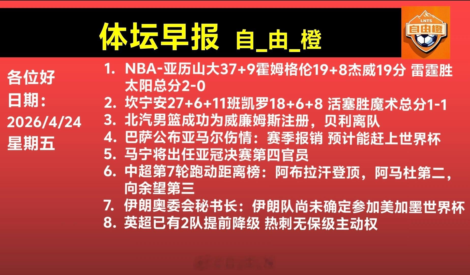 自由橙每日橙语体坛早晚报