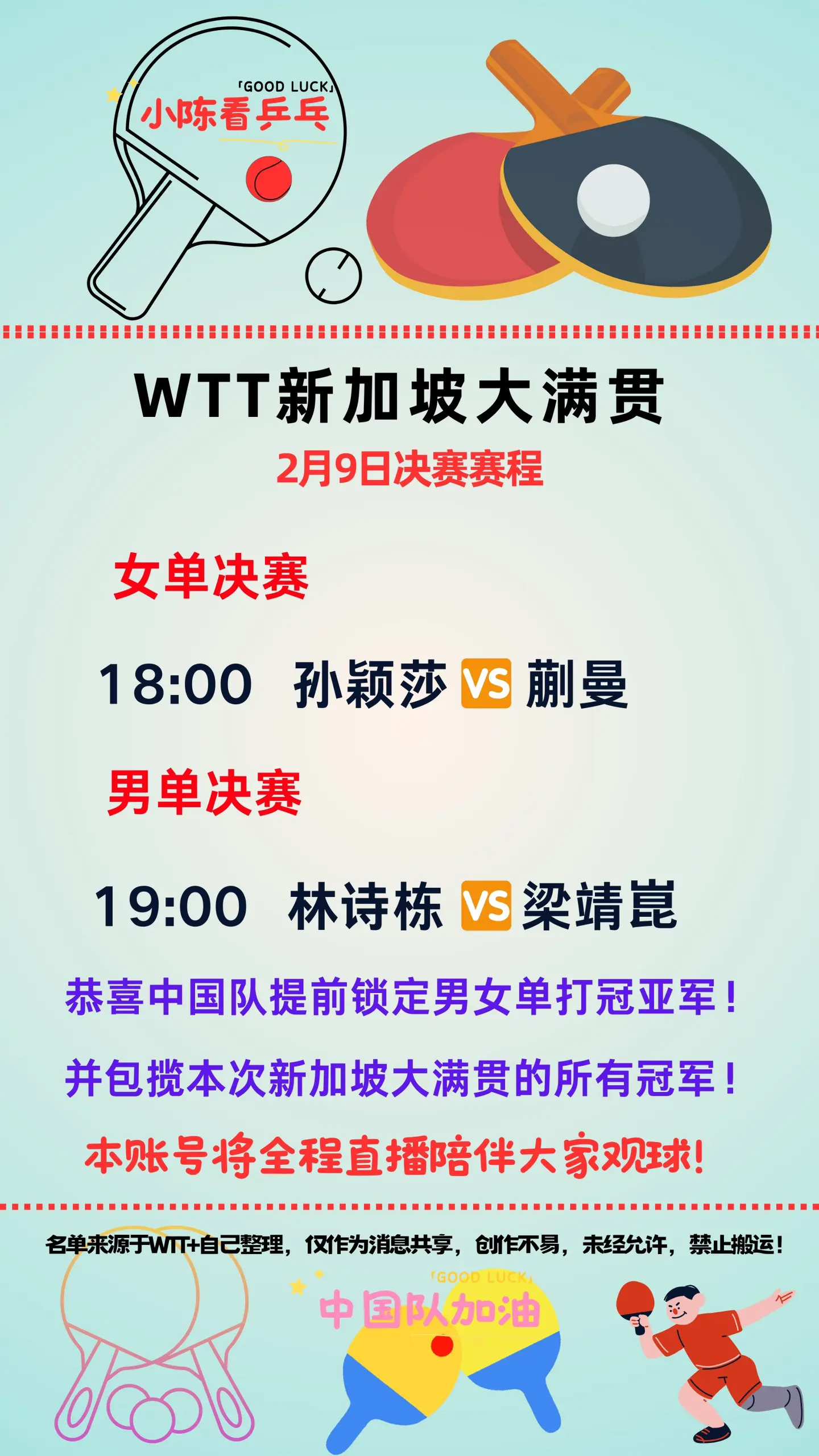 WTT新加坡大满贯2月9日赛程。恭喜中国队提前锁定男女单打冠亚军，并包...