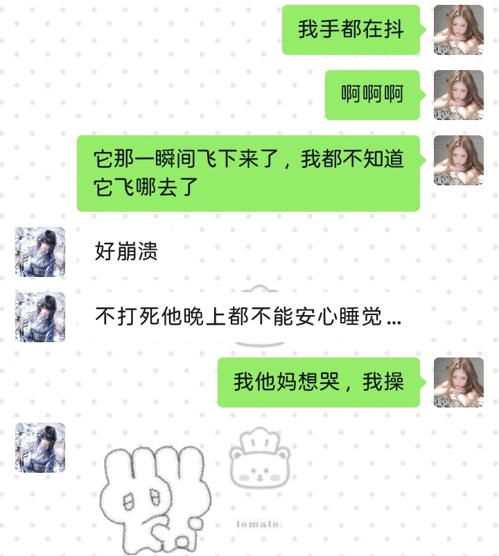 我真的命都吓没了，谁懂我那一瞬间有多崩溃虫子他妈赶紧去死吧，现在手都在抖， 
