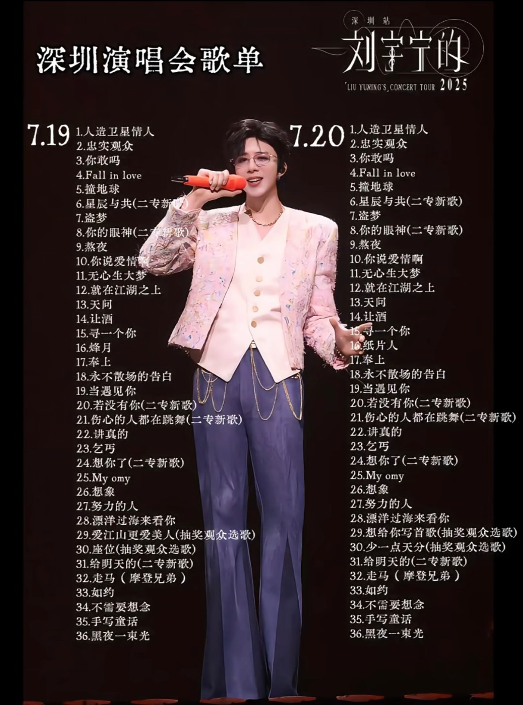 存下刘宇宁的2025巡演珍藏歌单～9个月·9城·16场深圳7.19-20｜武汉8