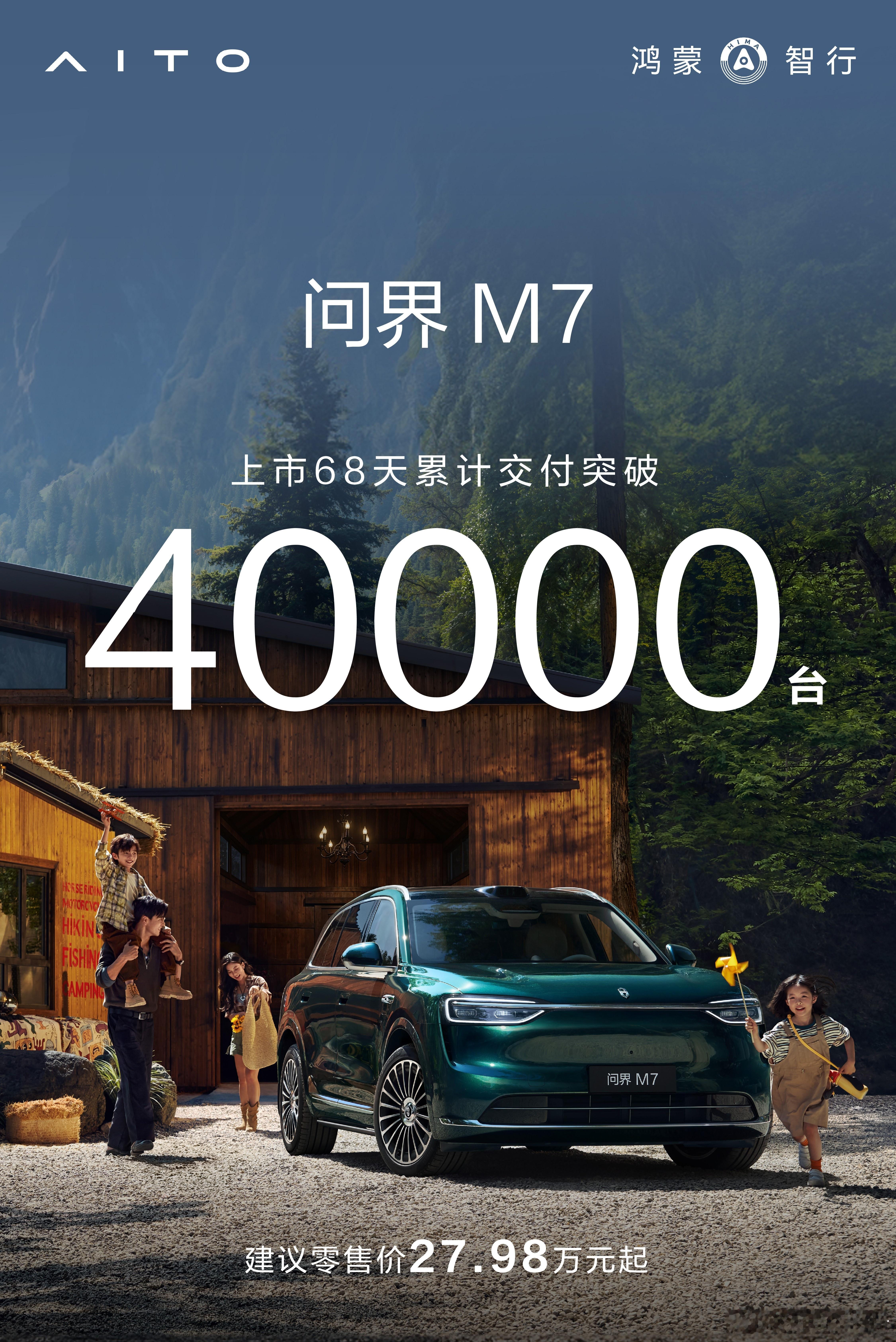 全新问界M7累计交付破4万台12月2日，鸿蒙智行官宣，全新问界M7上市68天累计