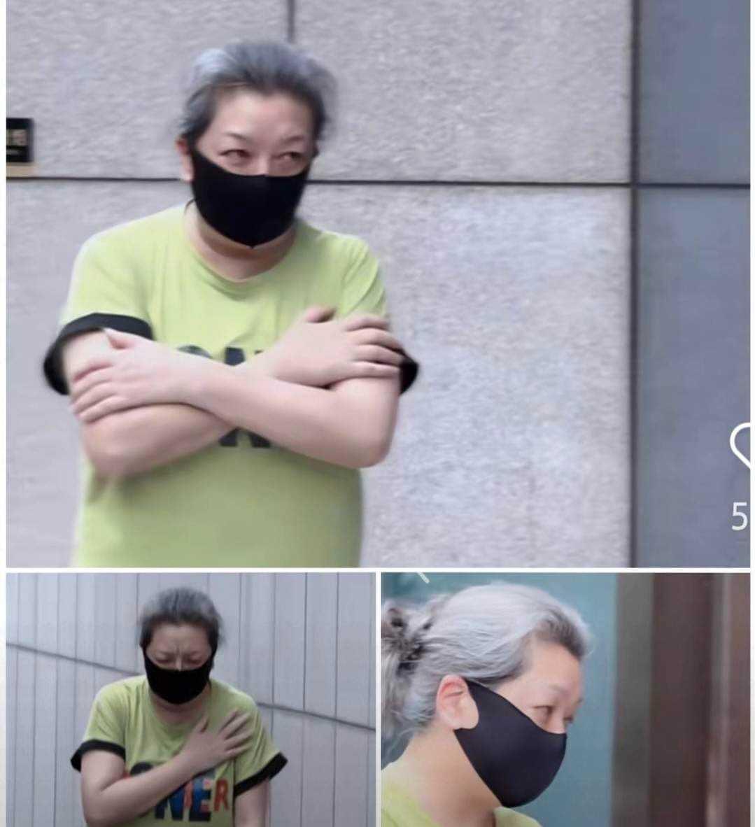 路人镜头下，她戴着口罩，头发花白，底子还在，眉眼间还有以前的美人味儿。