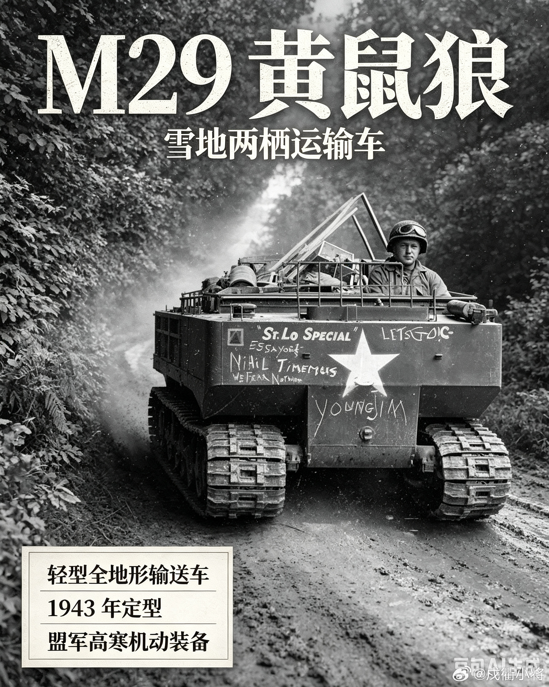 M29“黄鼠狼”雪地两栖运输车由英国工程师杰弗里·派克主持设计，斯图贝克工厂批量