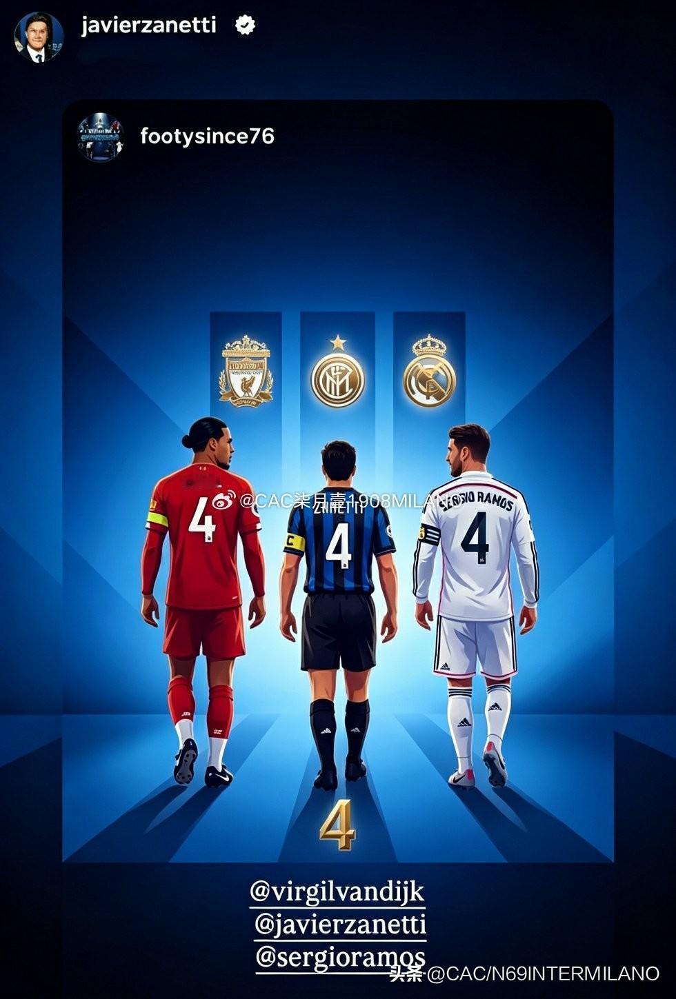 萨内蒂转发插画
博主footysince76创作的，
致敬足坛三位传奇4号队长：