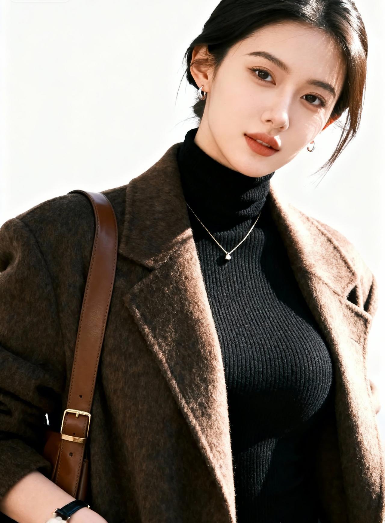 上联：驼绒轻裹墨云暖
下联：素颈微垂玉坠纤