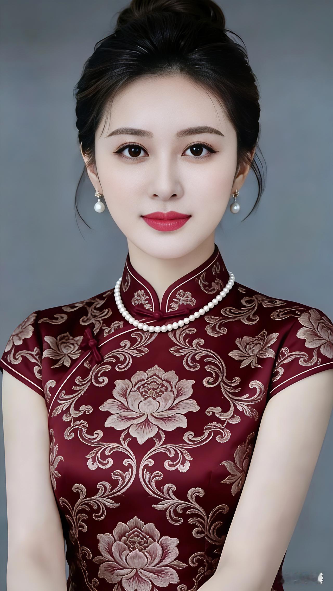 酒红旗袍绽牡丹😊
珠环衬得玉容恬
云盘秀发藏温婉
古韵风华入画间
大白话：
酒