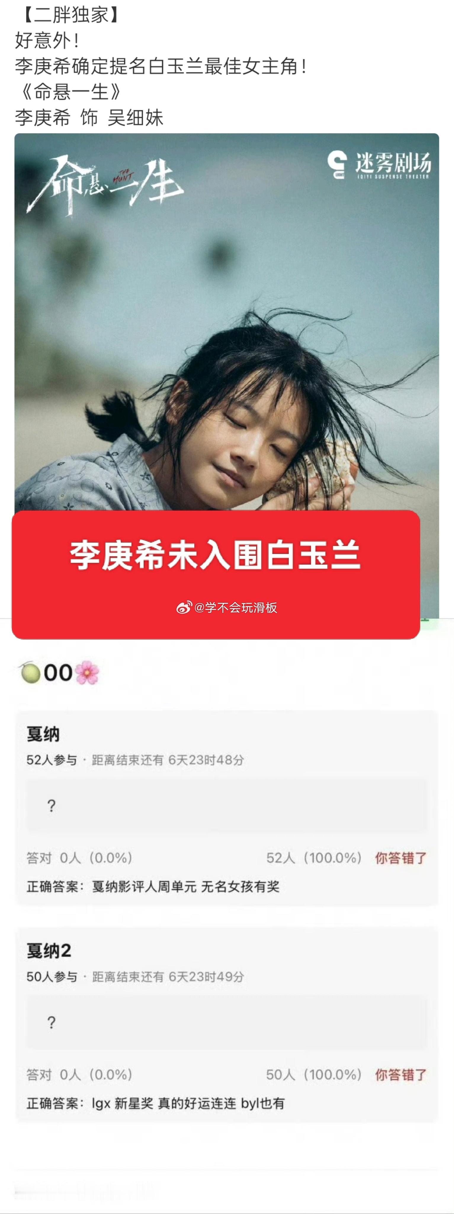 当时业内人士传的白玉兰最佳女主角提名说有李庚希，结果现在白玉兰入围名单公布了，李