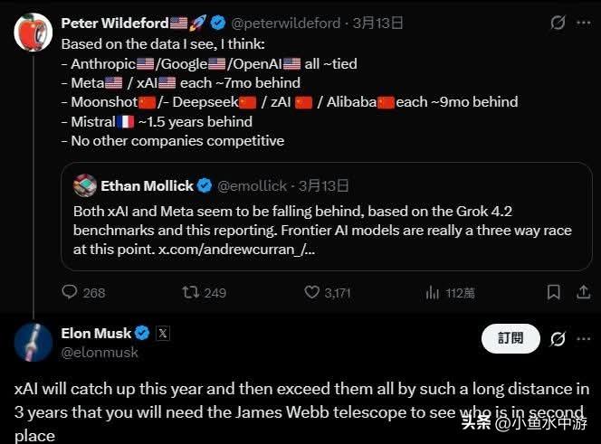 三年内，其他AI公司要用太空望远镜才看得到xAI的车尾灯。
 
马斯克在X平台回