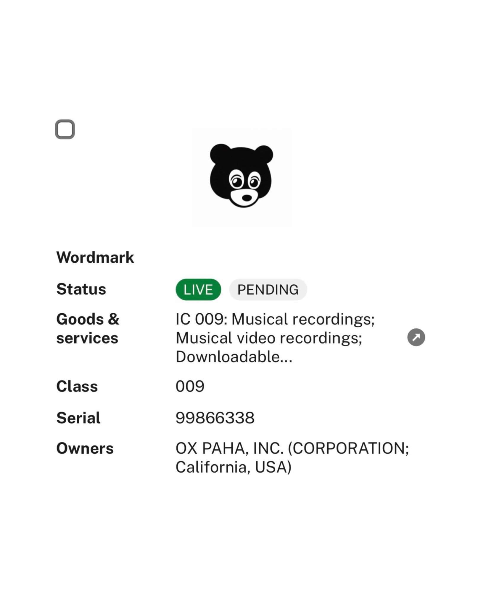 Ye 于上周提交了他对辍学熊 Dropout Bear 标志的商标申请 🐻 