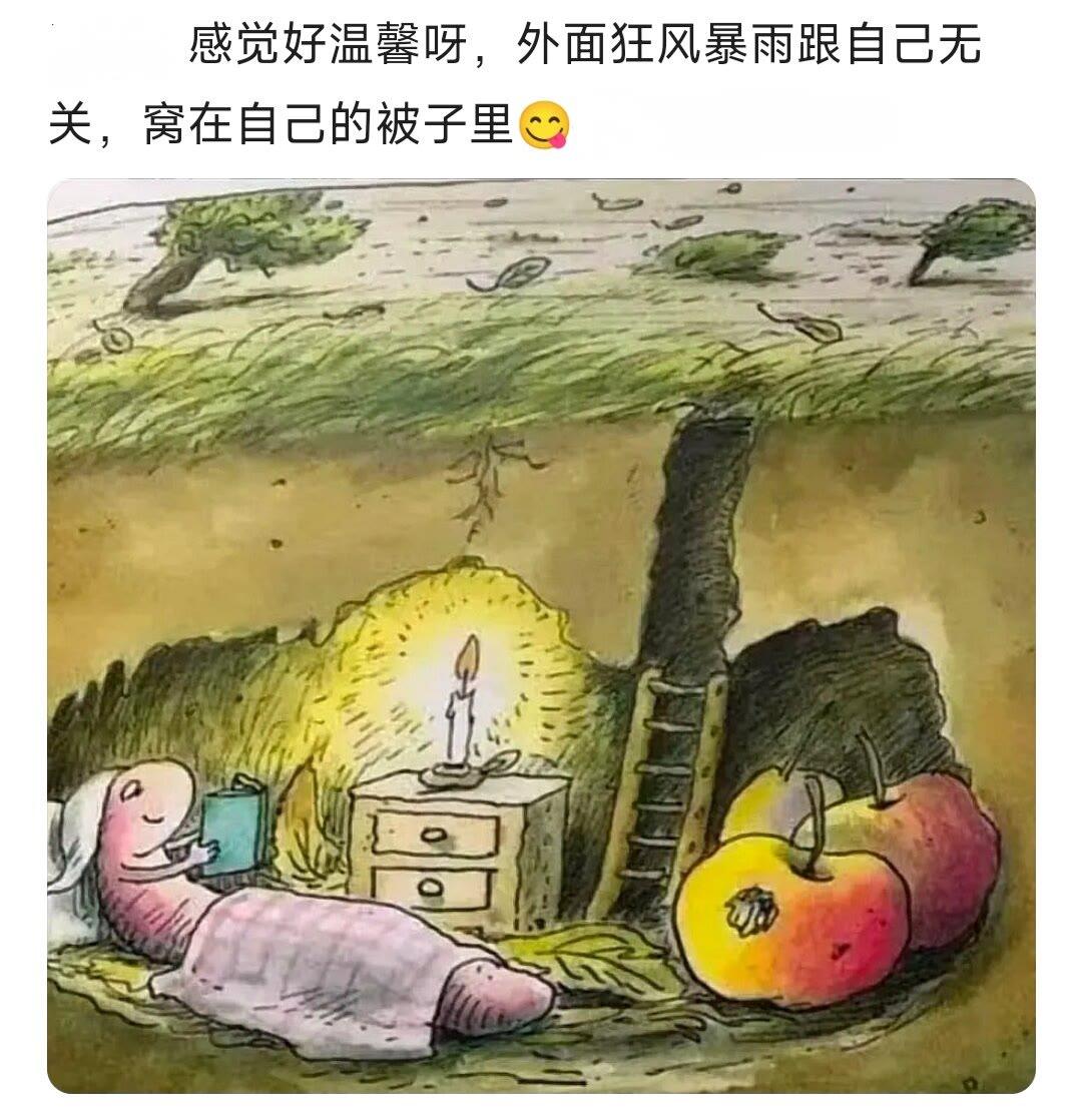 感觉好温馨呀，外面狂风暴雨跟自己无关，窝在自己的被子里