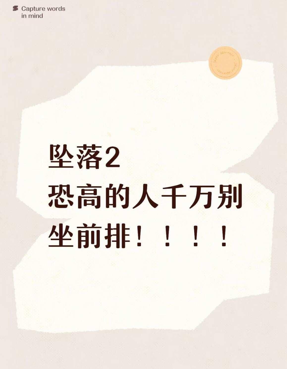 坠落2 恐高的人千万别坐前排！！！！
刚从电影院出来，现在手都还是麻的😭
但是
