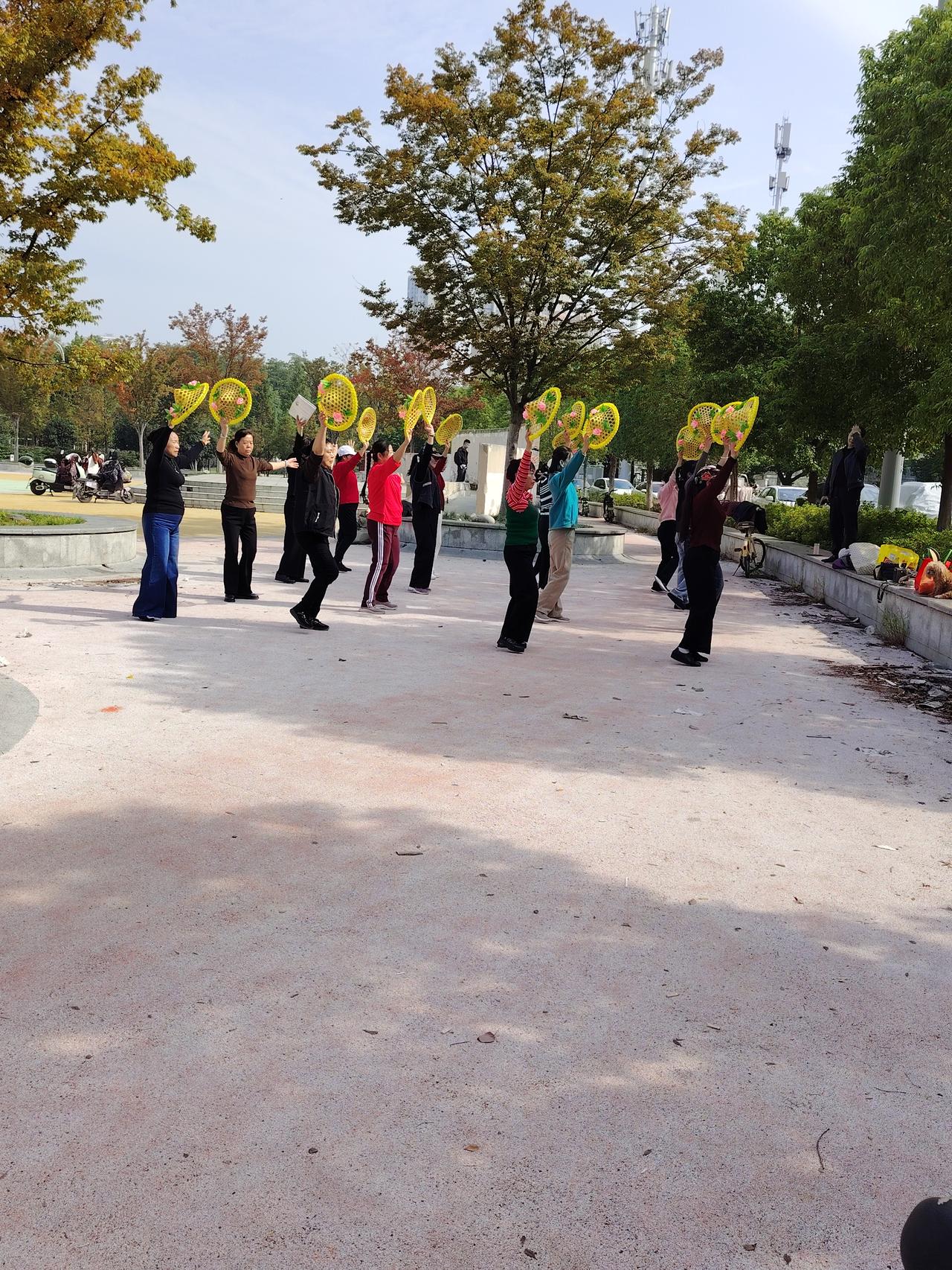 阳光正好，微风不燥，一群热爱生活的阿姨们在公园里舞动着手中的黄色花扇，用热情和活