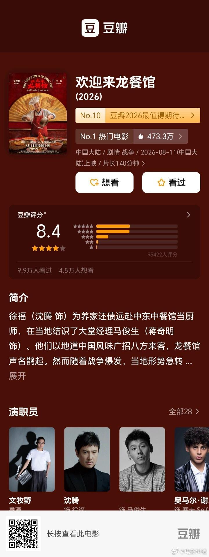 电影《欢迎来龙餐馆》豆瓣开分8.4！沈腾目前出演过评分最高的电影，你觉得怎么样？