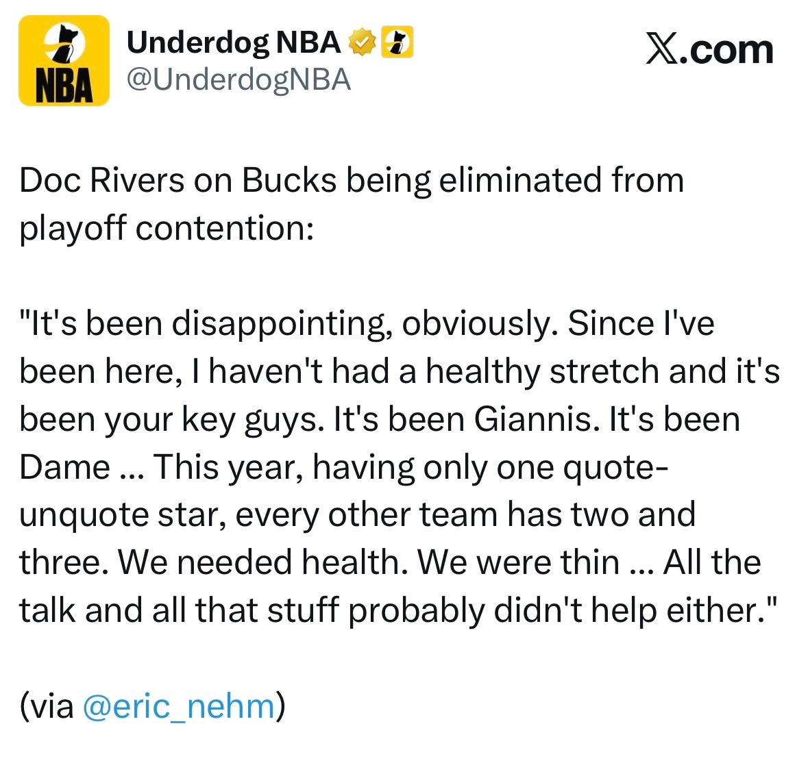 道格-里弗斯谈及雄鹿无缘季后赛：“显然，这令人非常失望。自从我接手以来，球队就没