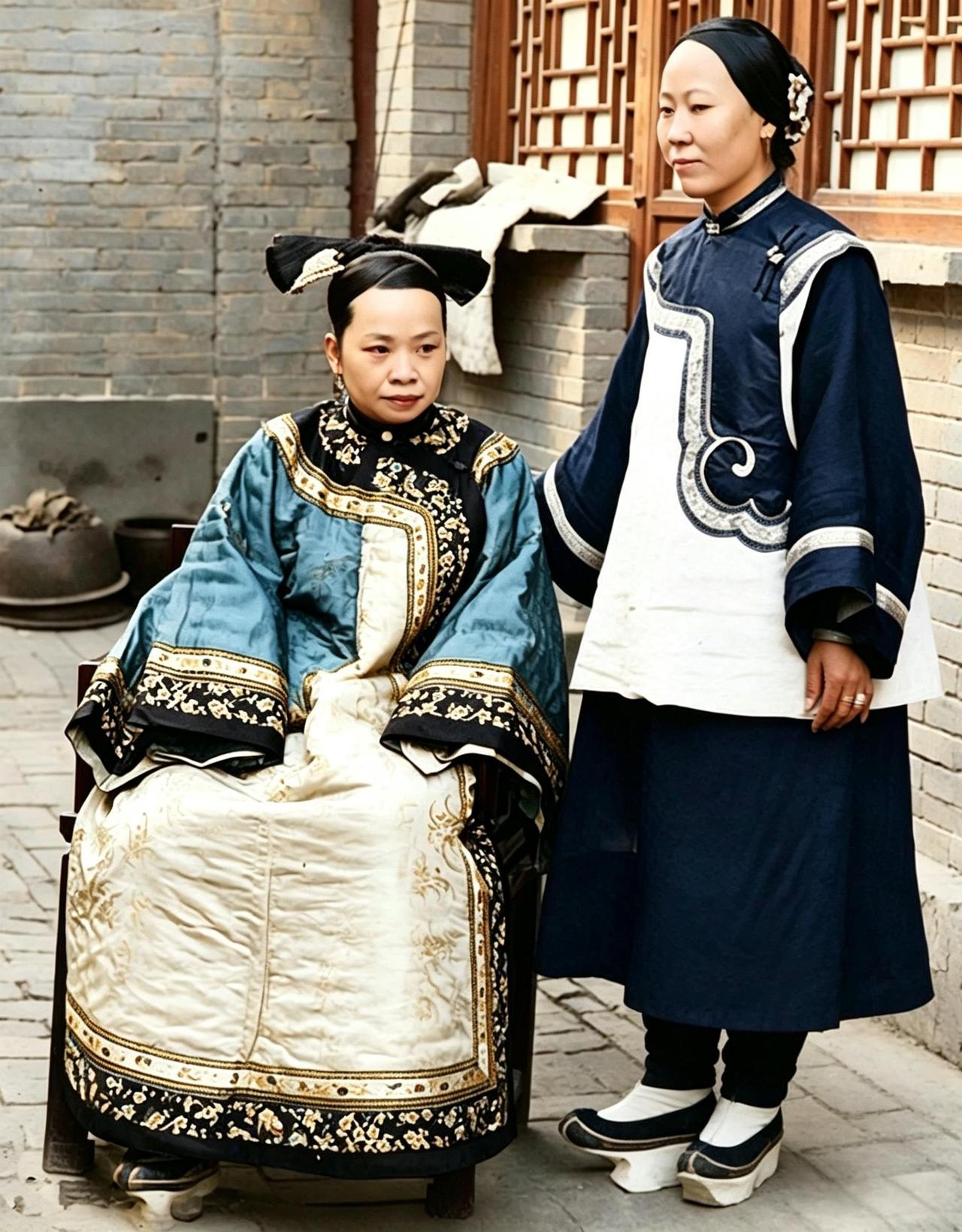 这是百年前，一位旗人贵妇坐在自家院里的椅子上，身后立着她的贴身仆人。青砖地上摆着