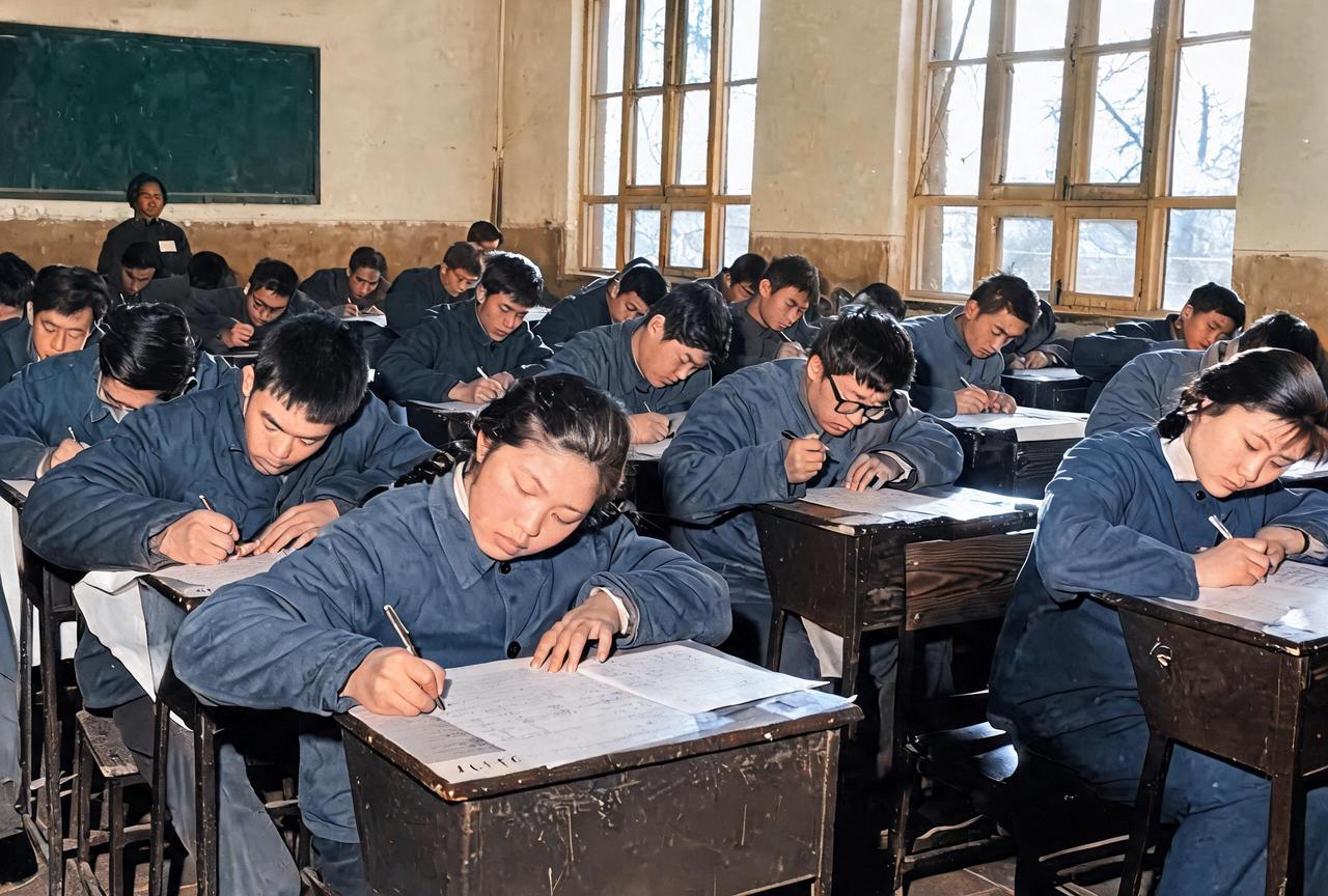 这是1977年恢复高考第一年考生在考场上认真答题。这次高考也是中国历史上唯一一次