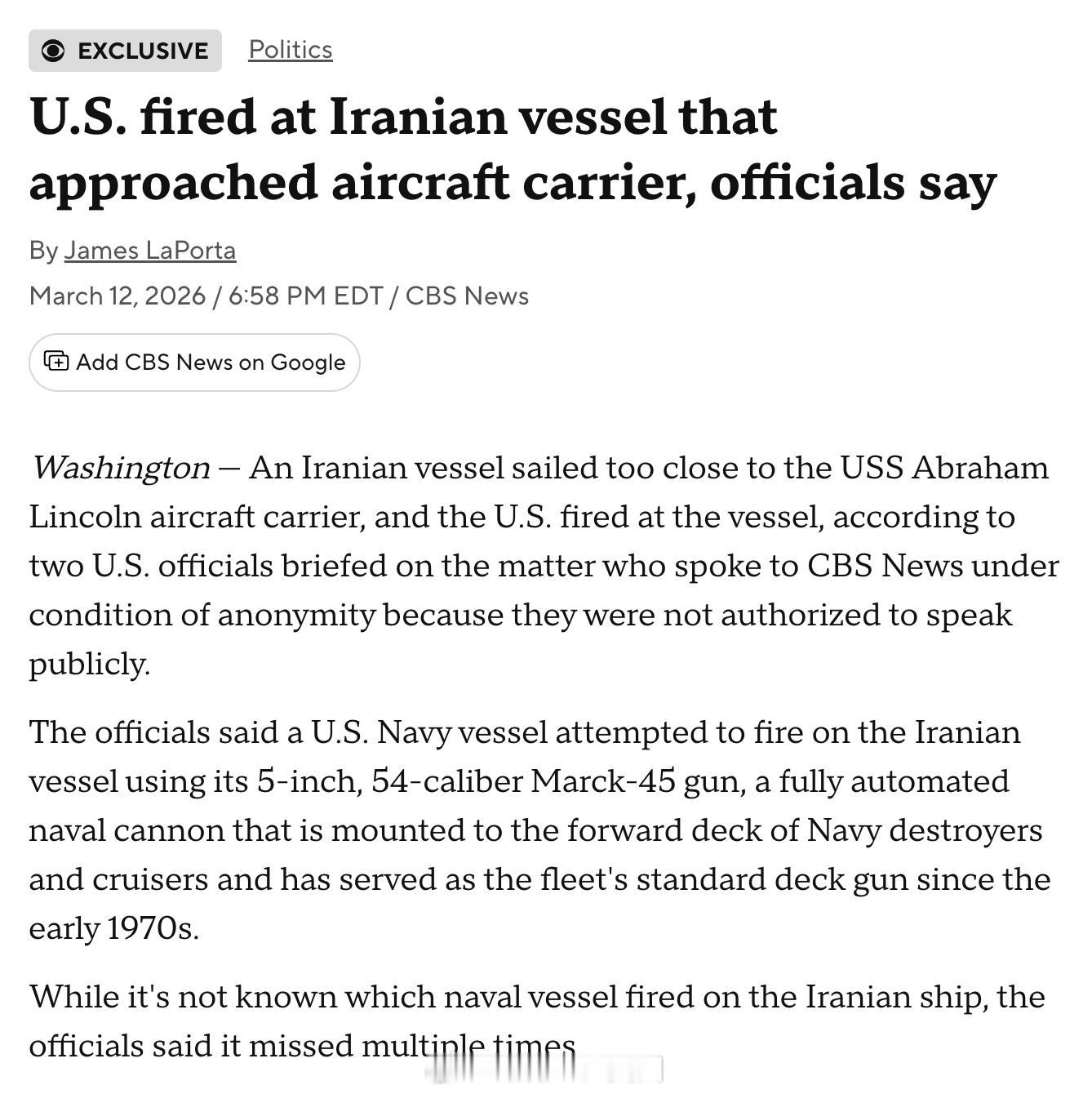 CBS News：在一艘伊朗船只过于靠近正在阿拉伯海执行对伊朗作战任务的亚伯拉罕