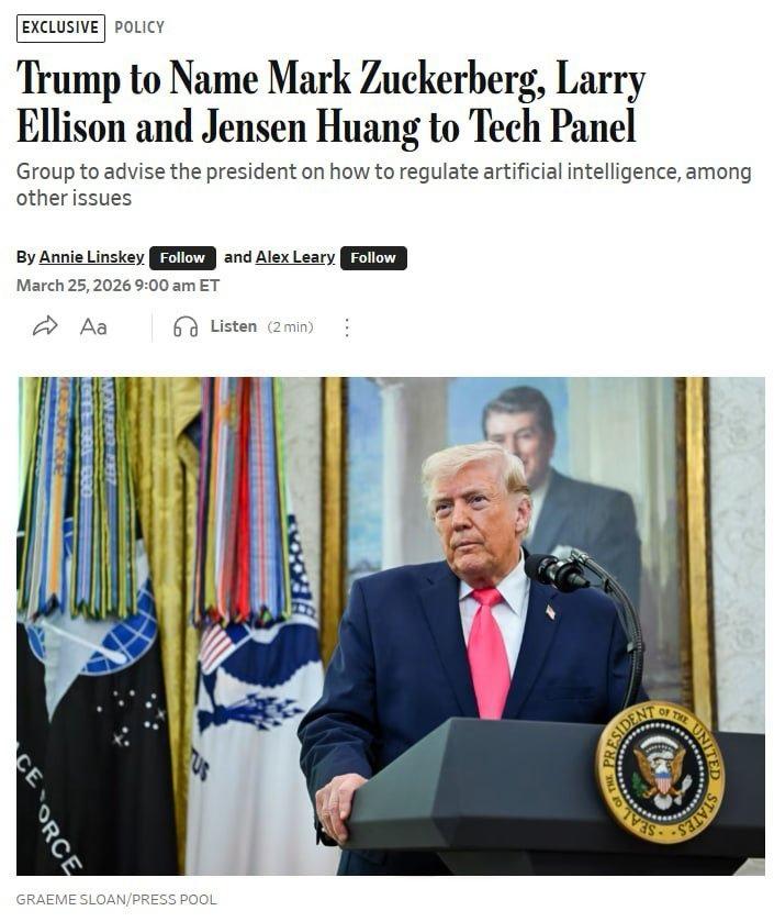 据美国《华尔街日报》报道，美国总统特朗普计划任命包括马克·扎克伯格、拉里·埃里森