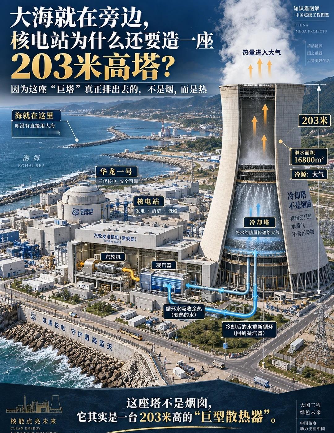 海就在旁边，为啥还建203米巨塔？
山东招远核电明明就在海边，为什么每台“华龙一