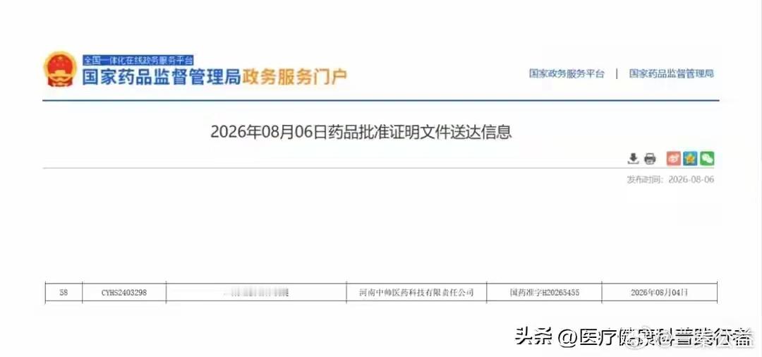 2026 年 8 月 6 日，国家药品监督管理局NMPA 公示，河南中帅医药申报