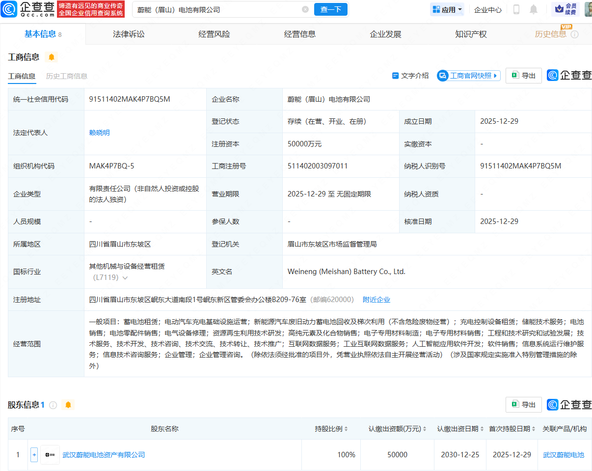 武汉蔚能电池新设子公司，注册资本5亿元