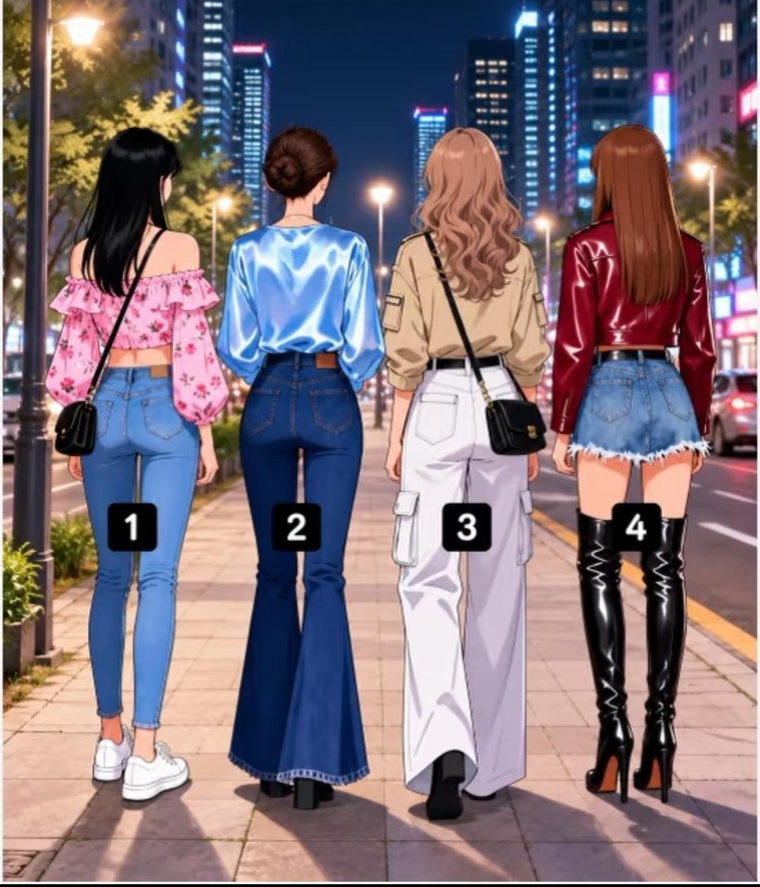 四位小姐姐背影风格完全不一样，各有各的味道。1号甜美休闲，2号优雅复古，3号干练